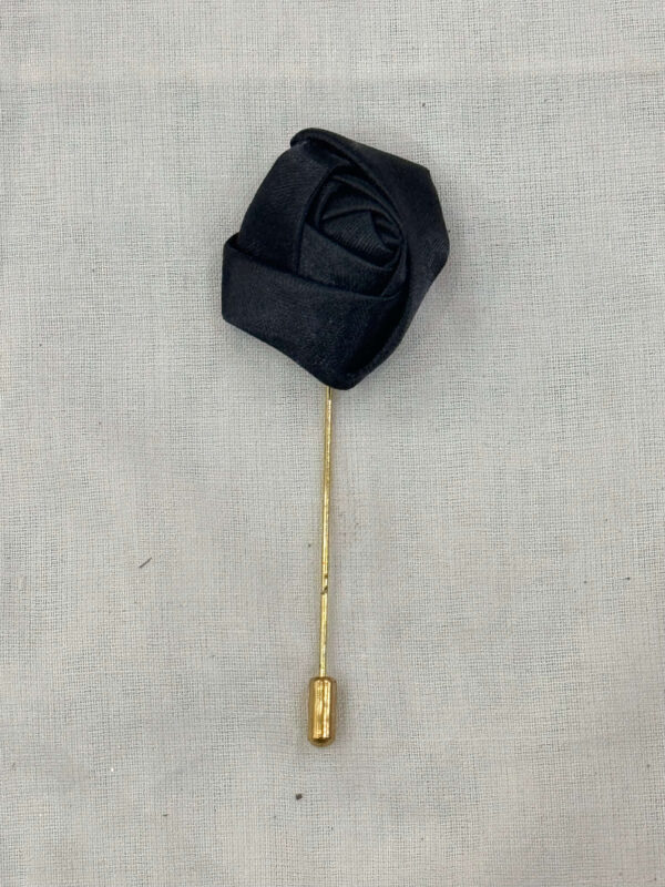 Black Satin Rose Lapel Pin with Gold Stick